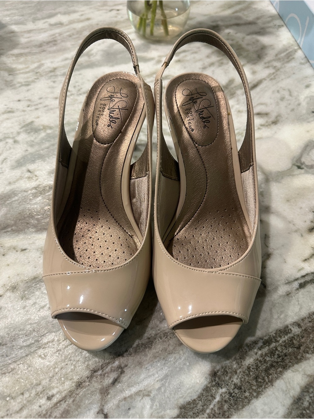 LifeStride Invest Taupe Patent Peep-Toe Slingback Heels